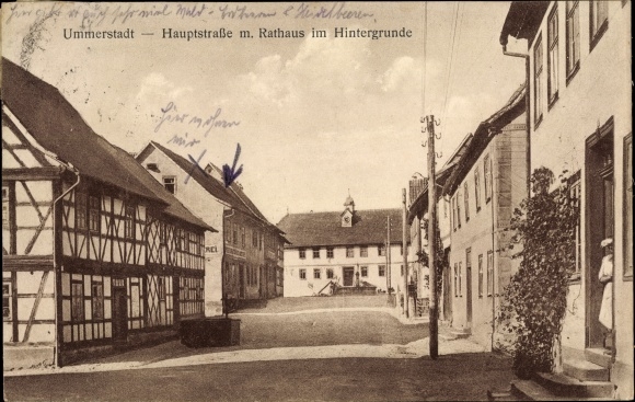 Postcard Ummerstadt in Thuringia, main street with town hall in the background