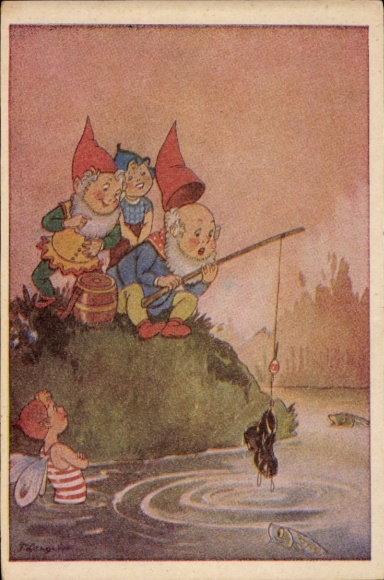Artysta KP Krasnoludy łowiące ryby w starych butach, wróżka