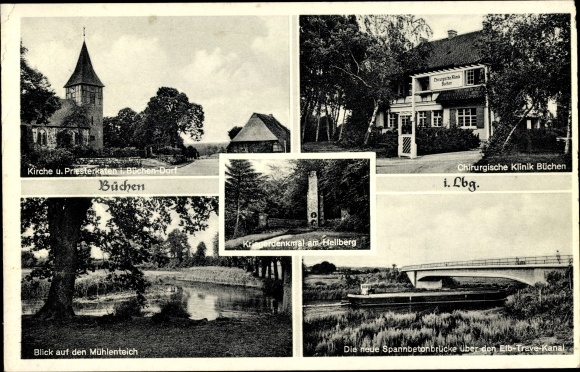 Postcard Büchen in Schleswig Holstein, church, surgical clinic, prestressed concrete bridge Elbe Trave K.
