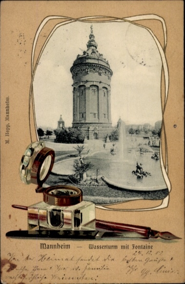 Embossed Passepartout Postcard Mannheim in Baden, water tower, fountain, inkwell, quill