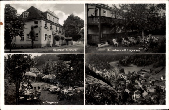 Postcard Rohrbach in Thuringia, Inn Auerhahn, garden house with lawn, coffee garden