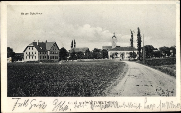 PC Vogtareuth in the district of Rosenheim, Upper Bavaria, view of the town with a new school building, church, E. Felle