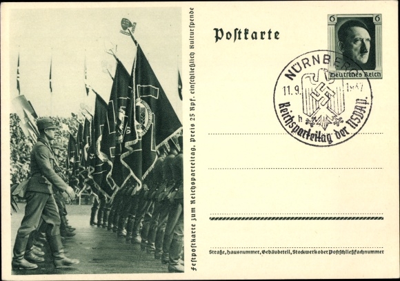 Postal stationery PC Nuremberg, Reich Party Rally 1937, Reich Labor Service, work men, RAD parade