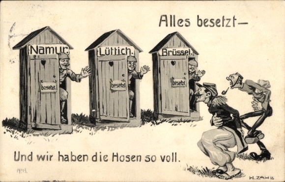 Artist Postcard Zahl, H., German soldiers, toilets, Namur, Liège, Brussels, all occupied
