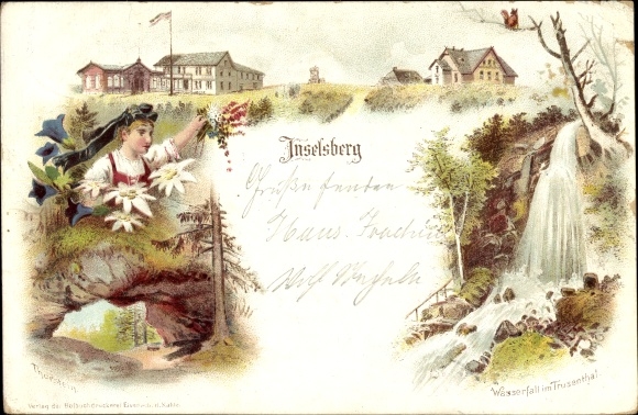 Litho Brotterode in Thüringen, Inselsberg, Thorstein, Wasserfall im Trusental, Frau in Tracht