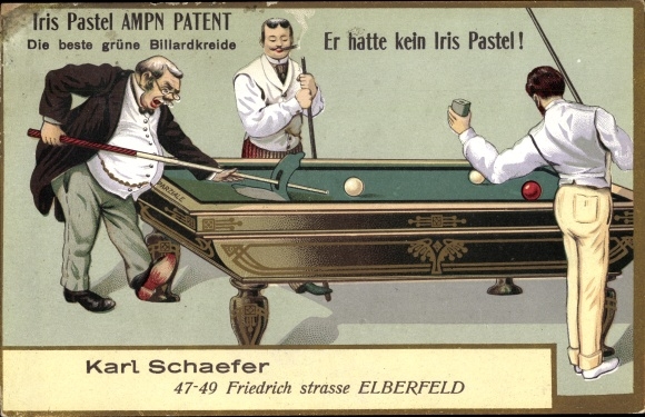 Chromo-Litho men play billiards, advertising, Iris Pastel billiard chalk, Karl Schaefer, Elberfeld