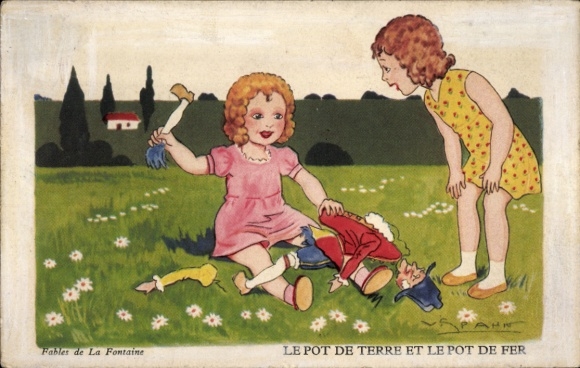 Postcard Fables de La Fontaine, girl destroys doll, Le Pot Terre et le Pot de Fer