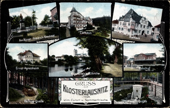 Ak Bad Klosterlausnitz Thüringen, Kurhaus, Bahnhof, Kirche, Ernst Agnesheim, Rathaus, Kaiserquelle