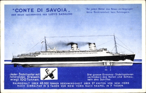 Ak passagiersschip Conte di Savoia, Lloyd Sabaudo, Giroskop stabilisatoren