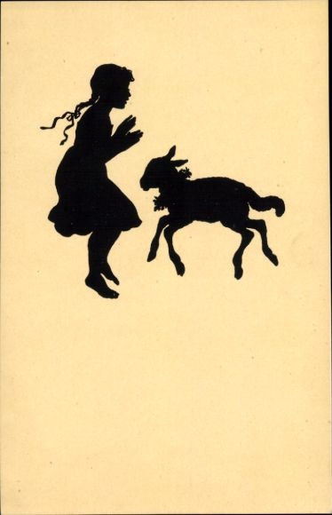 Paper cutting artist Postcard Konewka, Paul, Girl playing with a lamb, Kunstwart No. 59