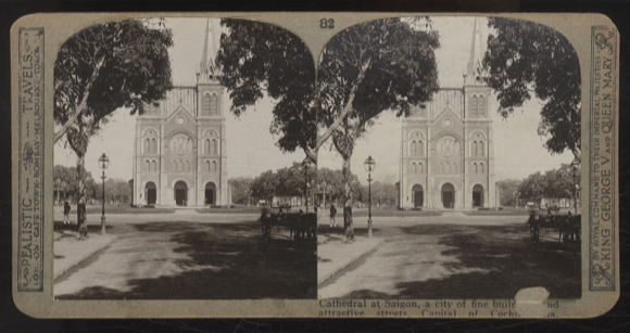 Stereo Foto Vietnam, Saigon, Straßenbild mit Kirche
