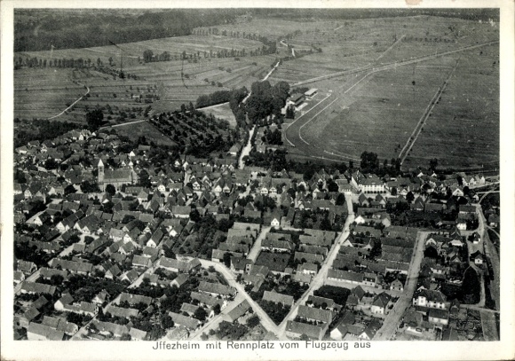Postcard Iffezheim am Rhein, aerial photograph, racecourse