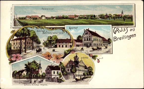 Chromo-Litho Breitingen in Saxony, inn, train station, castle, school, church