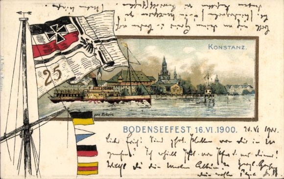 Präge Passepartout Litho Konstanz am Bodensee, Bodenseefest 1900, Fahnen, Dampfschiff