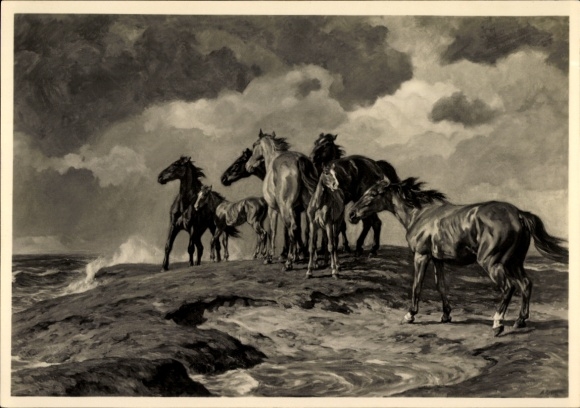 Artist Postcard Roloff, Alfred, Pressed by the Water, Horses, HDK 440