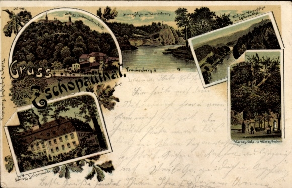 Litho Lichtenwalde Niederwiesa Sachsen, Schloss, Harras Eiche, Denkmal