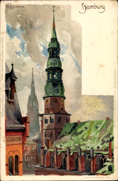 Kunstenaar litho Kley, Heinrich, Hamburg, St. Catharinakerk