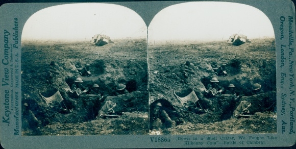 Stereo photo Down in a shell crate we fought, Battle of Cambrai, I WW