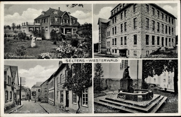 Postcard Selters in the Westerwald, Detroit school, hospital, Rheinstrasse, war memorial