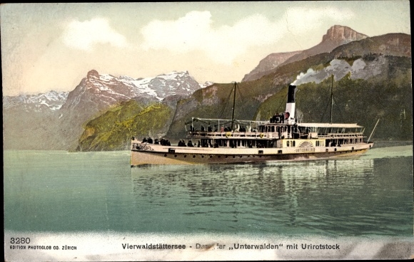 PC Switzerland, Lake Lucerne, saloon steamer Unterwalden with Urirotstock