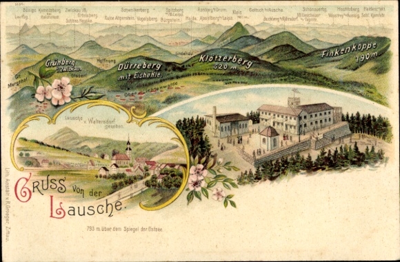 Chromo-Litho Großschönau in the district of Görlitz, Lausche seen from Waltersdorf, Grünberg, Dürreberg, Haida