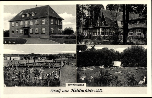 Postcard Heidmühle Schortens in Friesland, town hall, forester&#39;s house Upjever, swimming pool