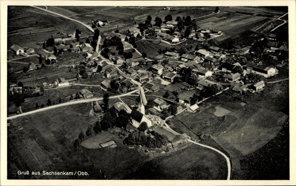 Postcard Sachsenkam in Upper Bavaria, aerial view of church visible, rural surroundings