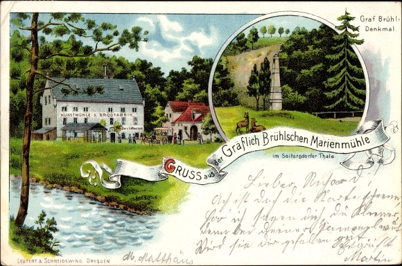 Chromo-Litho Wachau Seifersdorf Saxony, Counts Brühlsche Marienmühle, Count Brühl monument
