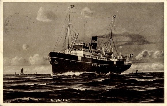 Artist Postcard Motor ship Frem, Baltic Sea steamer, on-board stamp