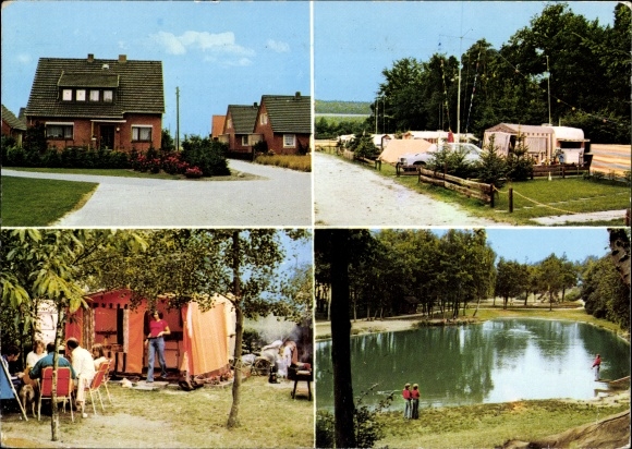 KP Neubruchhausen Bassum w Dolnej Saksonii, dom handlowy Edeka, staw, przyczepa kempingowa, kemping