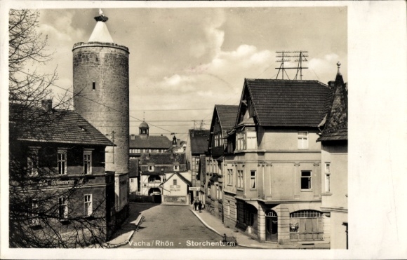 Ak Vacha in de Rhön Thüringen, Ooievaarstoren, architectuur, straatbeeld, wolken in de lucht