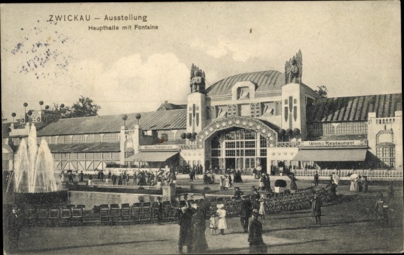 Ansichtkaart Zwickau in Saksen, commerciële en industriële tentoonstelling 1906, grote zaal met fontein
