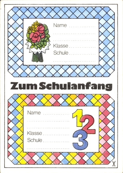 Postcard Congratulations on the start of school, name labels to cut out