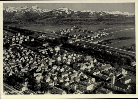 Postcard Kolbermoor in Upper Bavaria, aerial view of mountains in the background, several houses