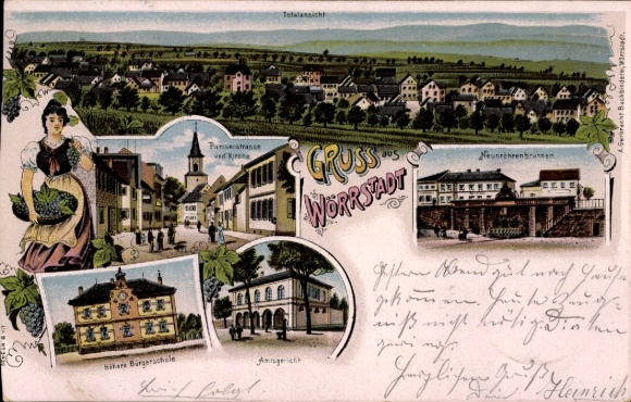 Postcard Wörrstadt in Rheinhessen, total, Pariser Straße with church, fountain, district court, public school