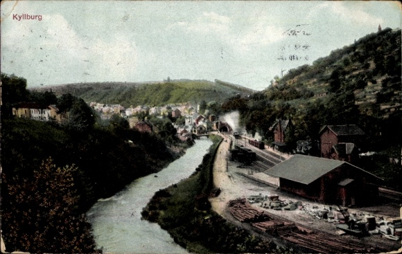 Ak Kyllburg, Blick auf Fluss Kyll und Eisenbahn, Gleise