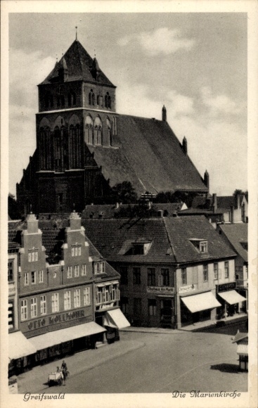 Ak Hansestadt Greifswald, Marienkirche, Geschäftshaus Otto Kollmohr