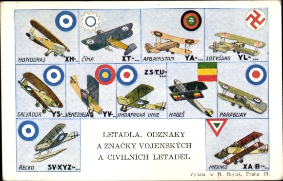 Postcard military aircraft, aircraft insignia, Latvia, China, Venezuela, Salvador, Honduras