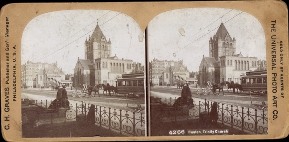 Stereo photo Boston Massachusetts USA, Trinity Church, horse tram