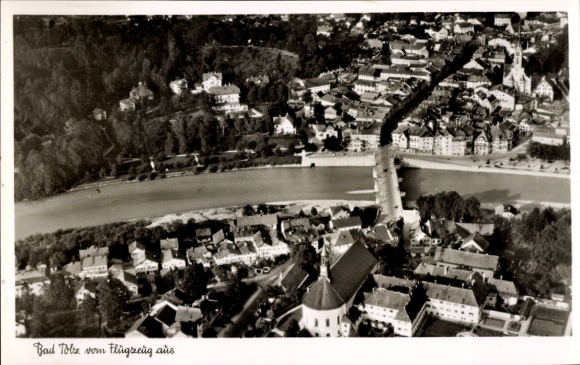 Postcard Bad Tölz in Upper Bavaria, aerial view of river, bridge, city view