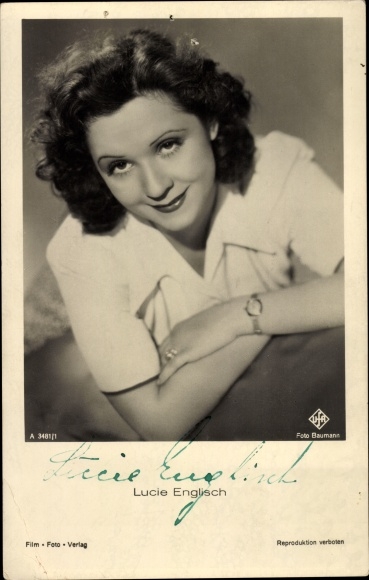 Postcard actress Lucie English, portrait, Ufa film, autograph