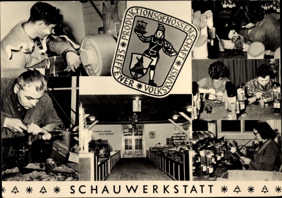 Postcard Seiffen in the Ore Mountains, production cooperative PGH Seiffen folk art, demonstration workshop