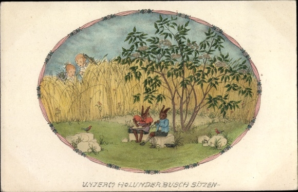 Artist PC Köhler, Mela, Two rabbits are sitting under the elder bush