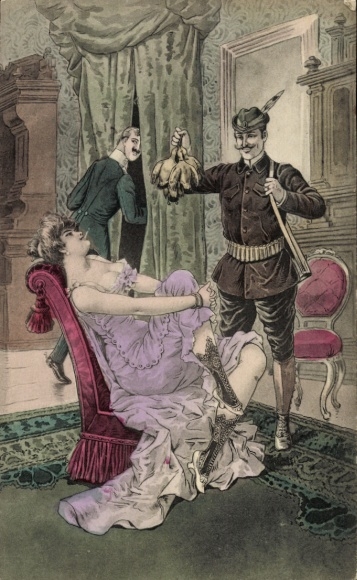 Artist Postcard Woman in underdress on an armchair, hunter in traditional costume