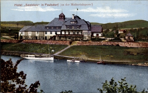 Postcard Paulsdorf Dippoldiswalde in the Eastern Ore Mountains, Hotel Seeblick, Maltertalsperre, water, trees, ...