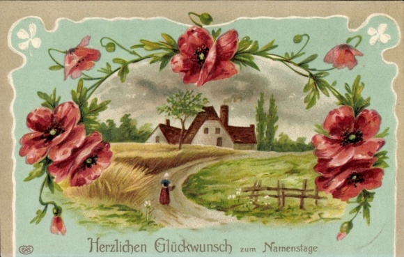 Postcard Congratulations Name Day, Woman, Field, Grain, Poppy