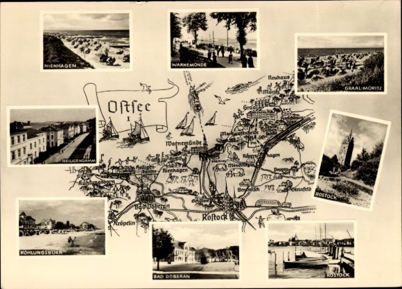 Maps Postcard Baltic Sea resorts in Mecklenburg, Warnemünde, Graal-Müritz, Heiligendamm, Rostock, Nienhagen