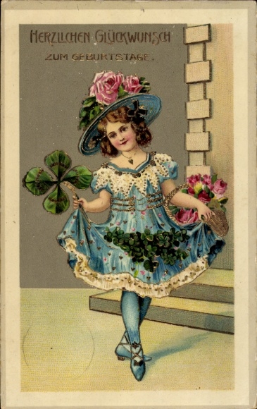 Postcard Happy Birthday, Girl, Lucky Clover