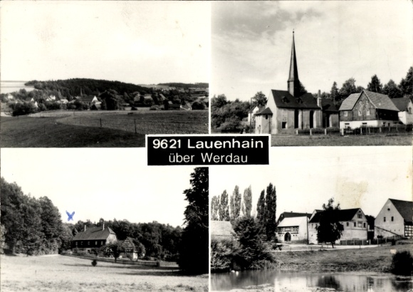 Ak Lauenhain Crimmitschau in Sachsen, Viersichtige , Kirche, Häuser, Landschaft, Wald