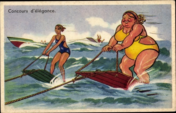 Postcard Fat and thin woman water skiing